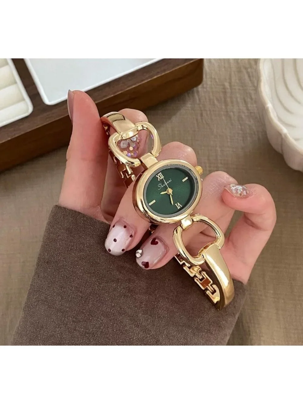 Women's Gold Green Oval Bracelet Minimalist Analog Dress Elegant Wrist Watch
